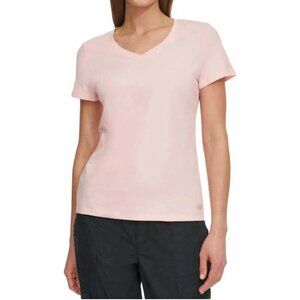 DKNY Womens V-Neck Short-Sleeve Top T-Shirt With Embroidered Logo Size S New